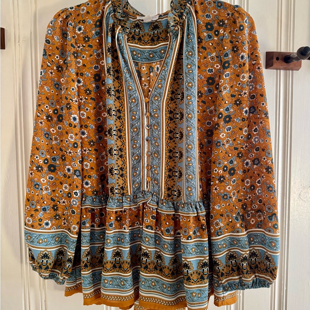 Current Air Boho Floral Blouse - Mustard and Blue